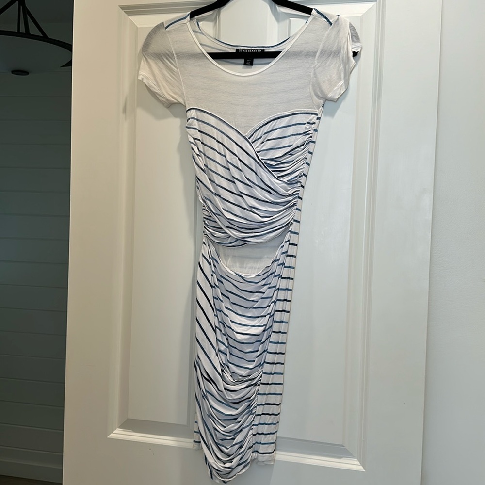 Blue and White Striped Ruched T Shirt Dress